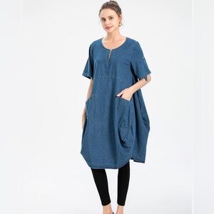 Laovanin Tunic Baggy Short Sleeve Denim Dress Size M NEW